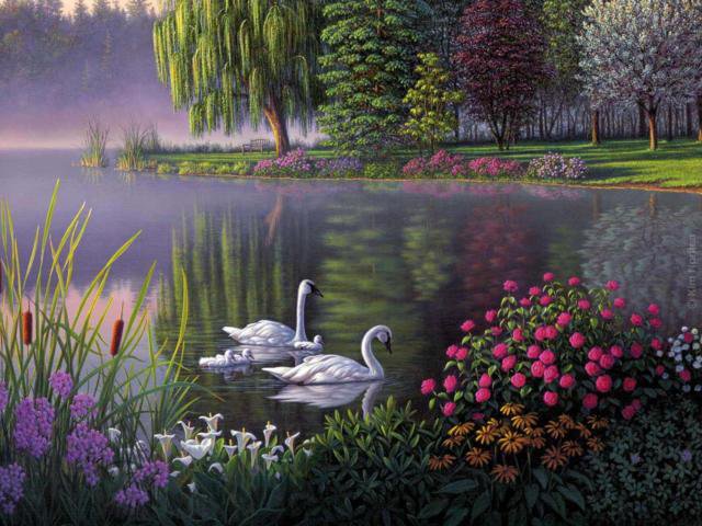 Лесное озеро - лес, картина, цветы, озеро, природа, лебеди - оригинал