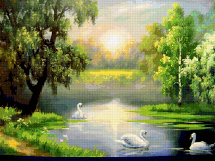 Лесное озеро - картина, лес, лебеди, озеро, природа - предпросмотр
