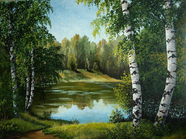 Лето - картина, пейзаж, лето, озеро, береза, лес, природа - оригинал