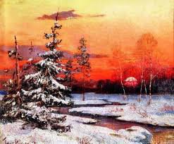 Закат - закат, пейзаж, лес, зима, картина, природа - оригинал