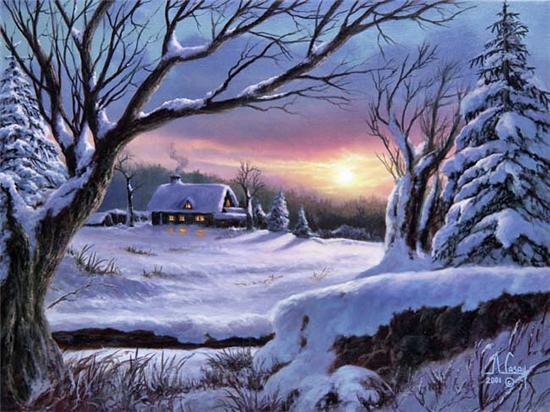 Зима - зима, природа, закат, пейзаж, лес, картина, домик - оригинал