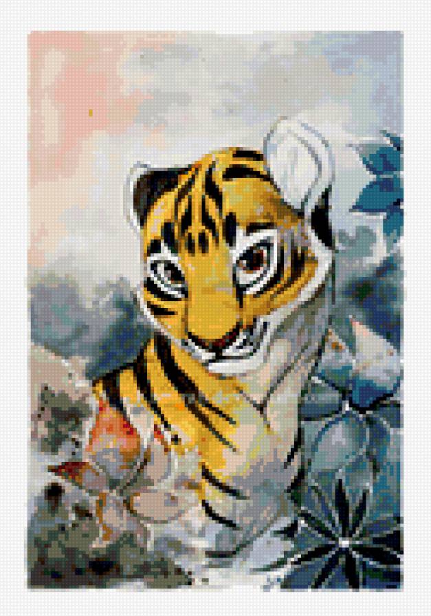Мультяшная тигра. - картина, тигр, кошка, животные, цветы, кот - предпросмотр