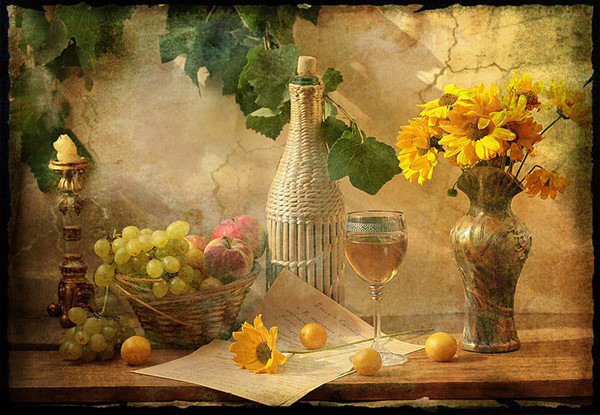 натюрморт - цветы, натюрморт, фрукты, вино, подсолнухи - оригинал