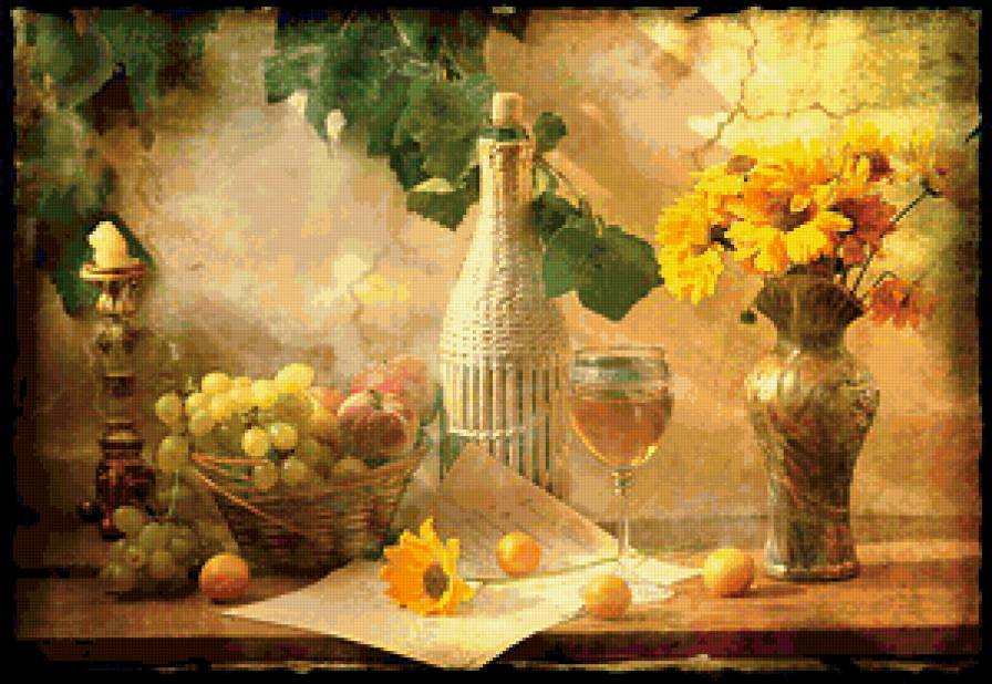 натюрморт - фрукты, цветы, подсолнухи, натюрморт, вино - предпросмотр