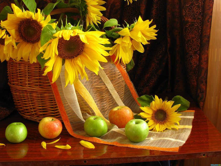 натюрморт - натюрморт, цветы, подсолнухи, фрукты - оригинал