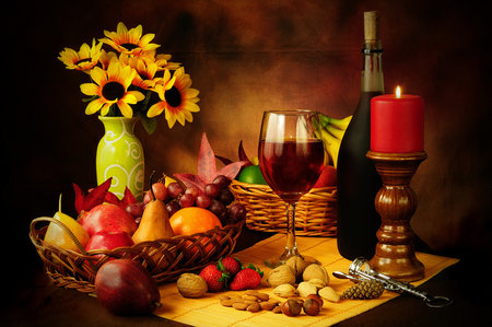 натюрморт - подсолнухи, свеча, вино, цветы, фрукты, натюрморт - оригинал