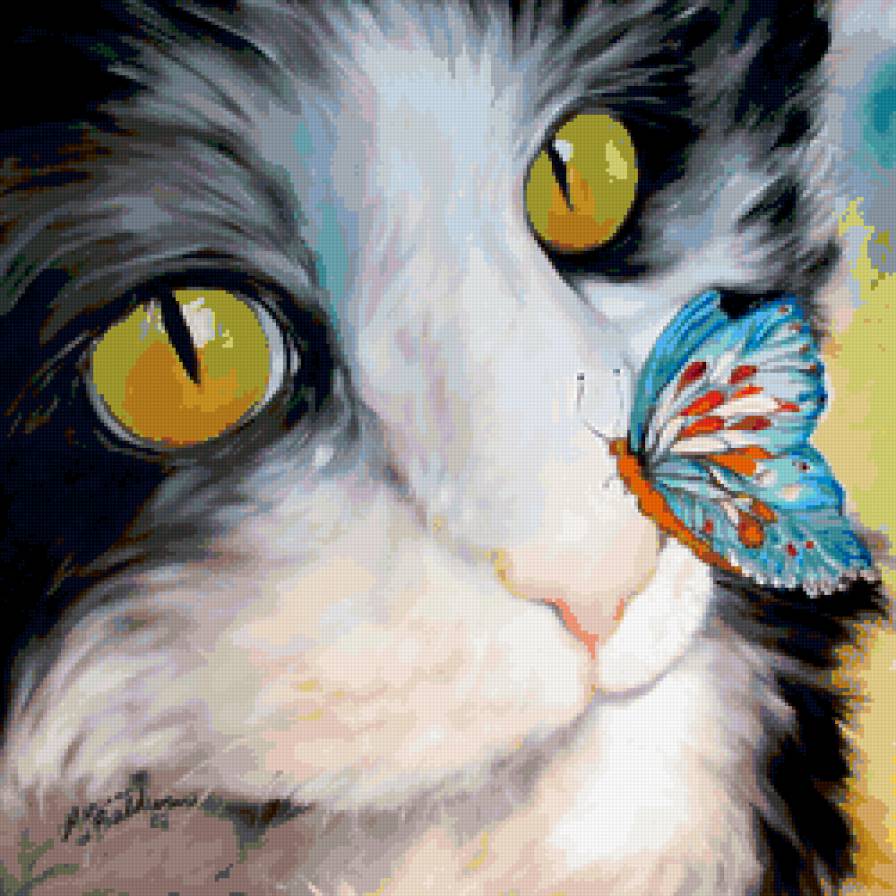 Кот и бабочка - животные, бабочка, живопись, коты - предпросмотр
