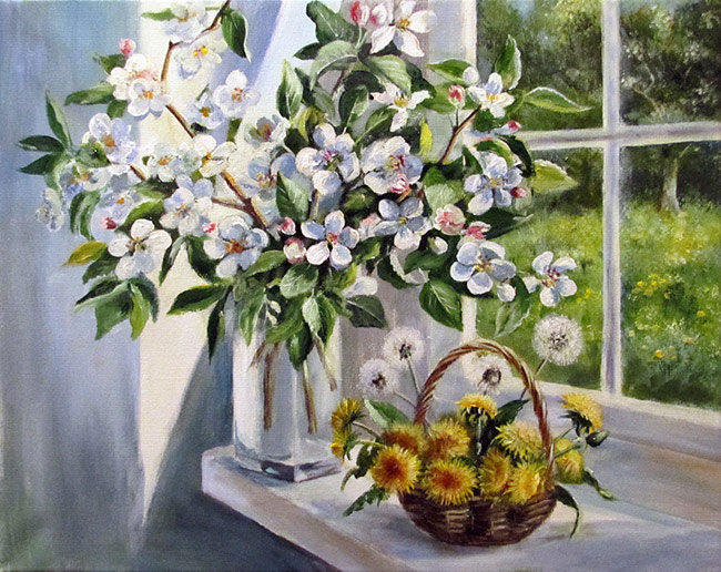 Весеннее утро - букет, весна, яблоневый цвет, одуванчики, утро, цветы, б, яблоня - оригинал