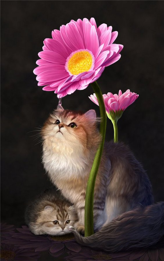 фэнтези - цветок, котенок, кошка - оригинал
