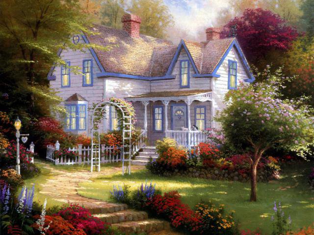 785875 - цве, дом, домик, деревья, пейзаж, природа, роза, розы, цветок, дерево - оригинал