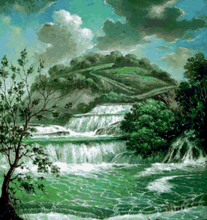 Водопад - пейзаж, живопись, вода - предпросмотр
