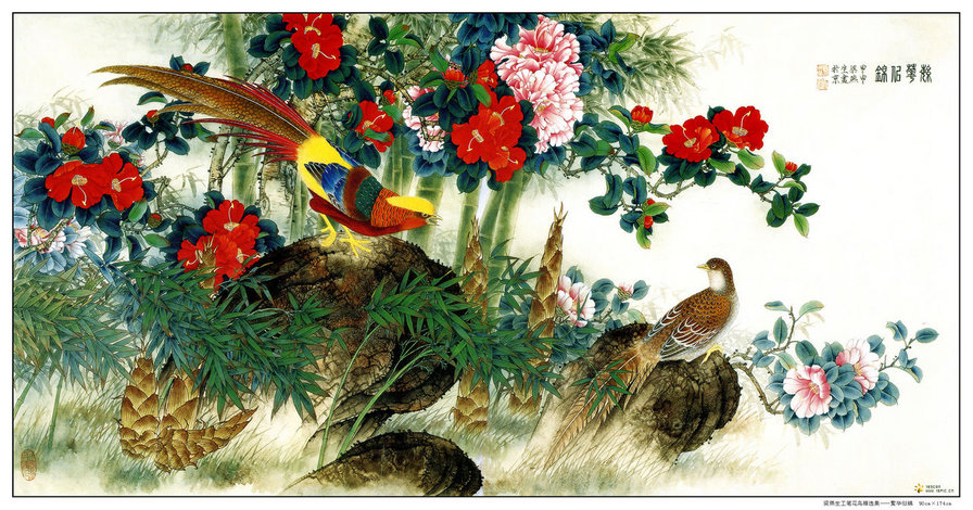 китайские птицы - фазан, китай, цветы, восток, птицы - оригинал