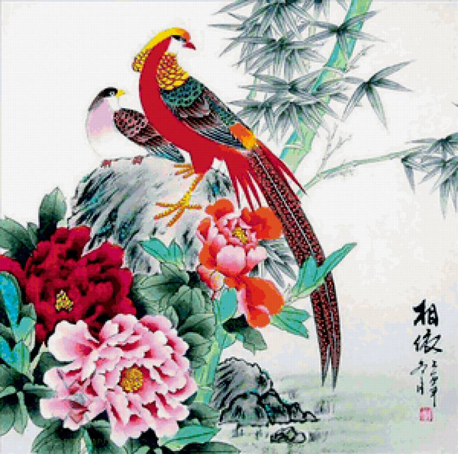 Красный фазан - фазаны, птицы, китай, пионы, цветы, восток - предпросмотр