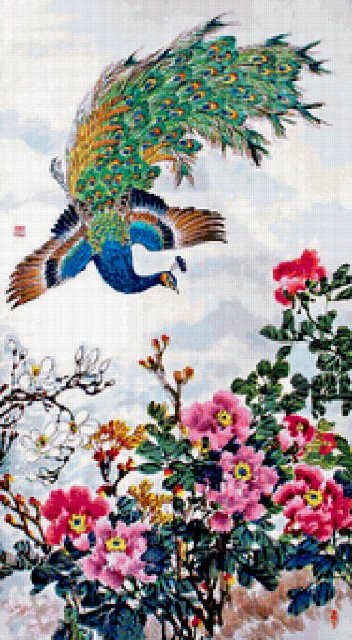 Летящий павлин - пионы, цветы, восток, птицы, павлины, китай - предпросмотр