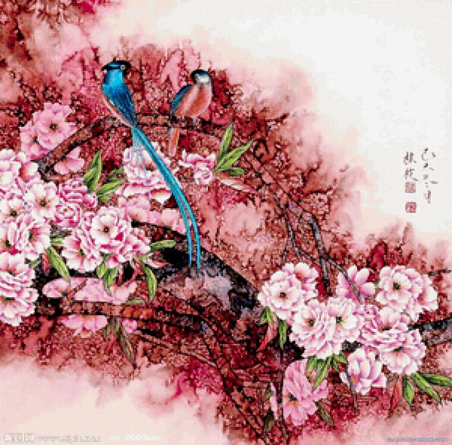 Зимородки в розовом - вишня, китай, птицы - предпросмотр