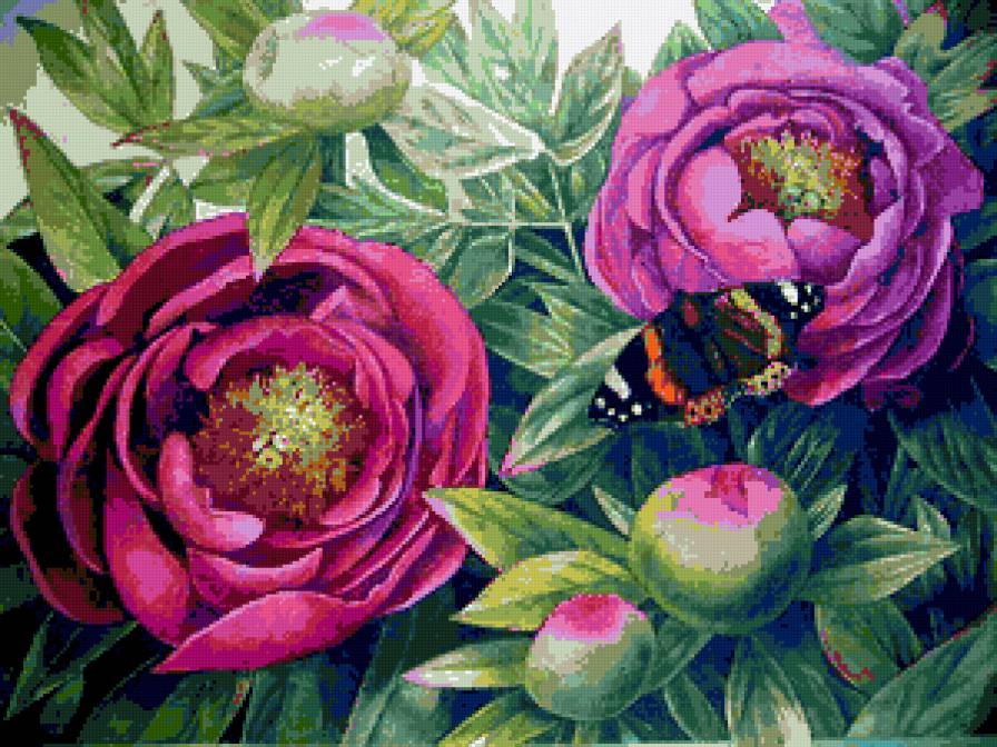 №175294 - пионы, цветы, бабочка, картина - предпросмотр