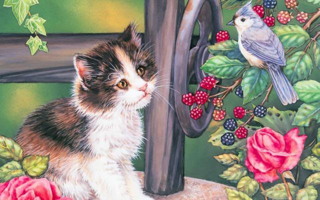 899867 - ягоды, котенок, птица, кот, кошки, кошка, коты, котята - оригинал