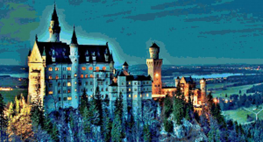 Замок Нойшванштайн - дворцы, горный пейзаж, замки мира, замки, горы, сумерки - предпросмотр