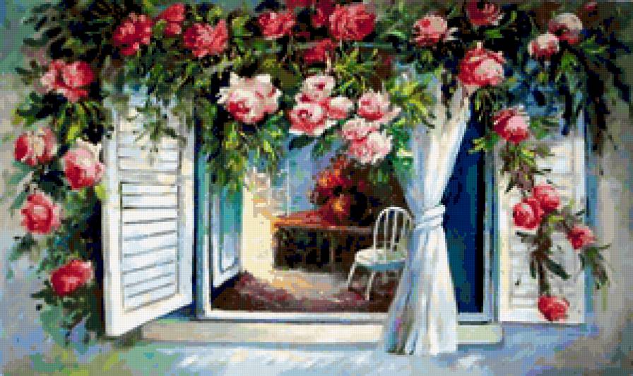 897533 - цветы, окно, розы, цветок, дом, букет, домик - предпросмотр