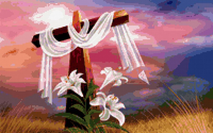 Крест с лилиями - цветы, воскресение, лилии, распятие, крест - предпросмотр