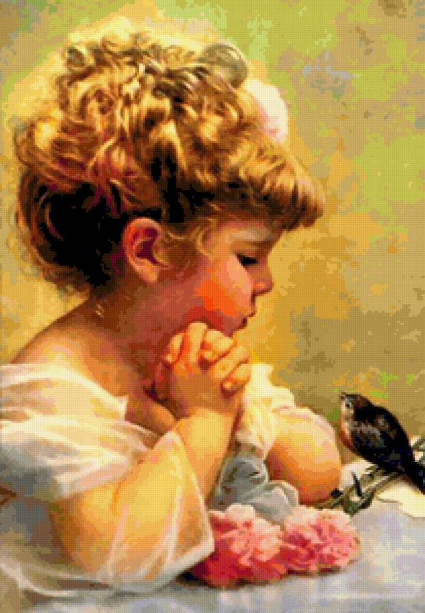 Девочка и птичка - девочка, птичка, детки, картина, птица, дети - предпросмотр