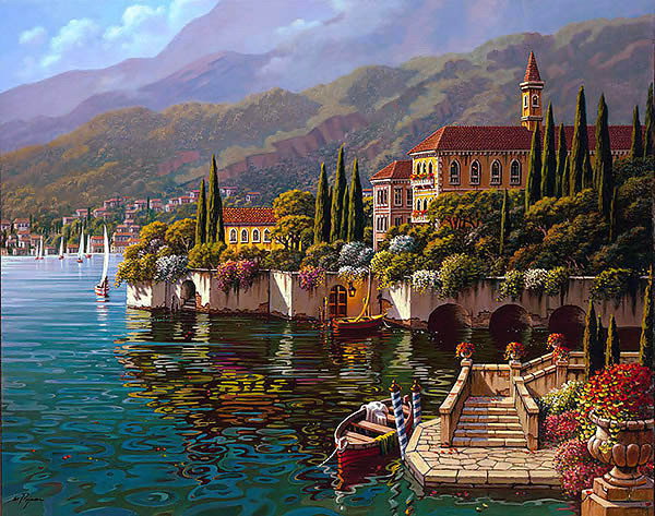 №177481 - картина, лодка, пейзаж, море, горы, дома - оригинал