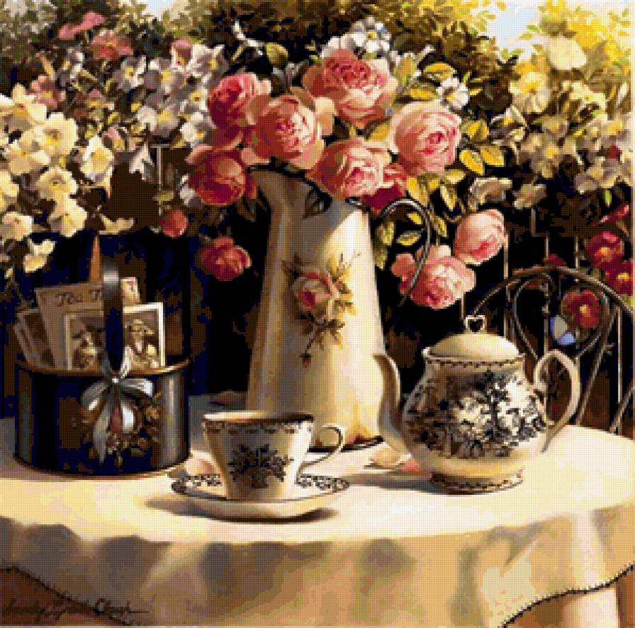 Чаепитие - букет, чаепитие, посуда, картина, натюрморт, кухня, розы - предпросмотр