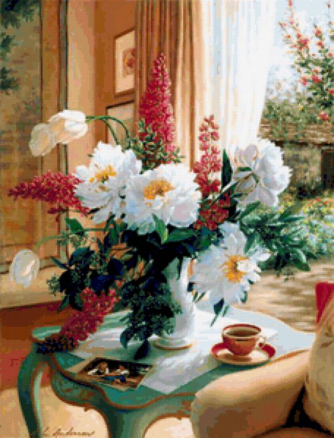 Роскошный букет - пионы, цветы, букет, окно, пион, весенние цветы, букеты, картина - предпросмотр