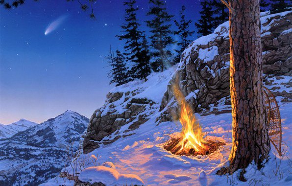 костер - вечер, снег, небо, ночь, звезды, пейзаж, дерево, гора - оригинал