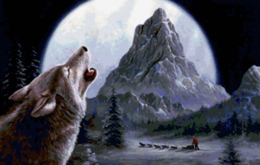 вой волка - зима, волк, ночь, гора, луна, пейзаж - предпросмотр