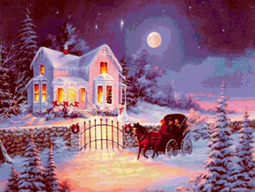сказочный домик - домик, экипаж, зима, карета, лошади, рождество, дом, коляска - предпросмотр