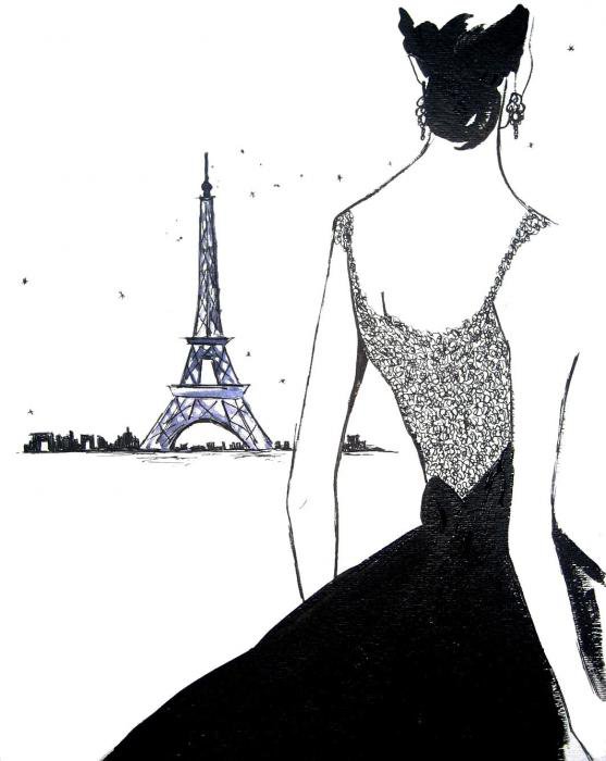 девушка - лбраз, башня, силует, париж, франция, город, черно-белое - оригинал