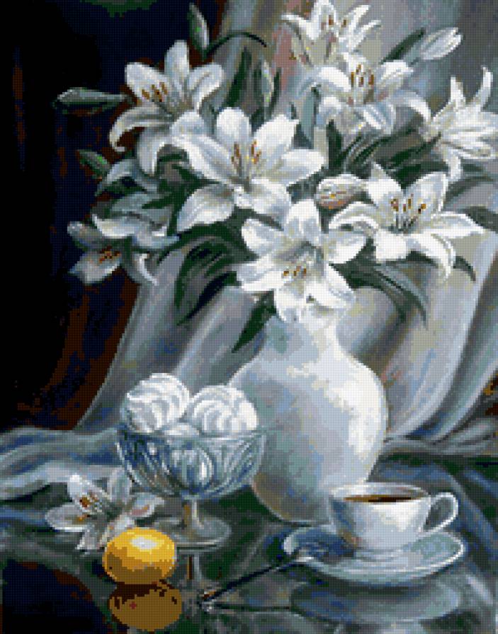букет лилий - зефир, букет, цветы, чай, лилии, лимон, ваза, чашка, натюрморт - предпросмотр