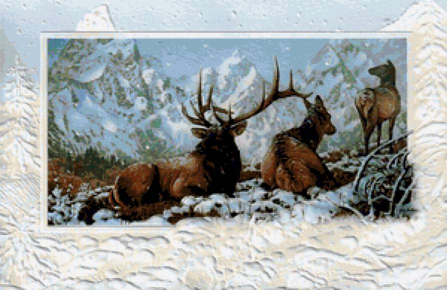 Олени - зима, олень, олененок, животные, живопист, узор, олени - предпросмотр