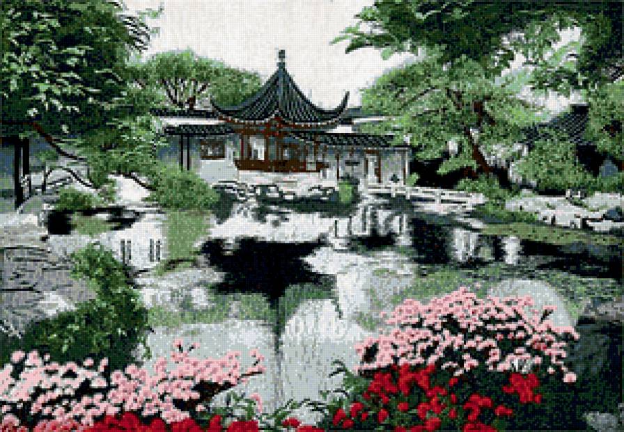 китайский домик - китайский домик, озеро, пейзаж, цветы - предпросмотр