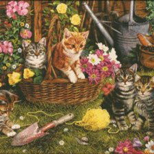 Оригинал схемы вышивки «Кошка играет в саду» (№180377)