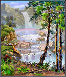 водопад - природа, водопад, деревья, пейзаж - оригинал