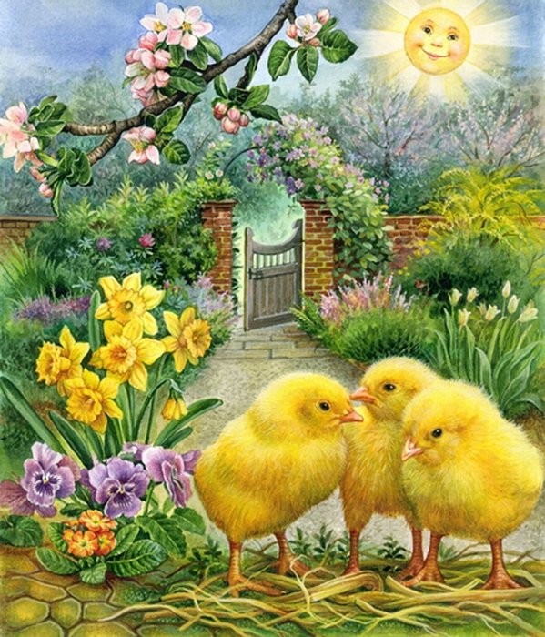 №180640 - дворик, цветы, картина, цыплята - оригинал