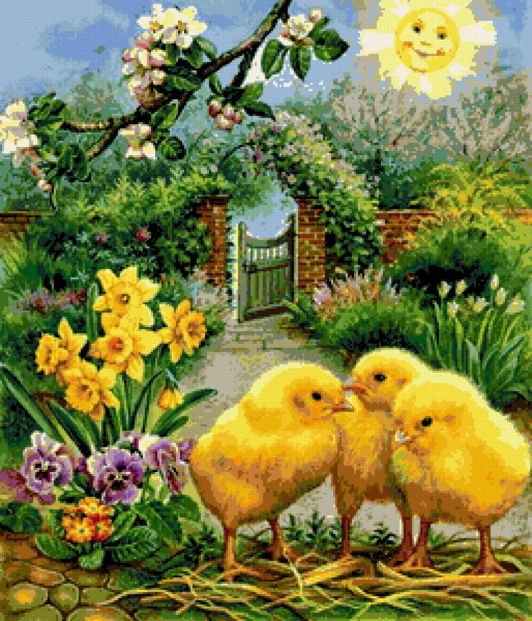 №180640 - картина, цыплята, дворик, цветы - предпросмотр
