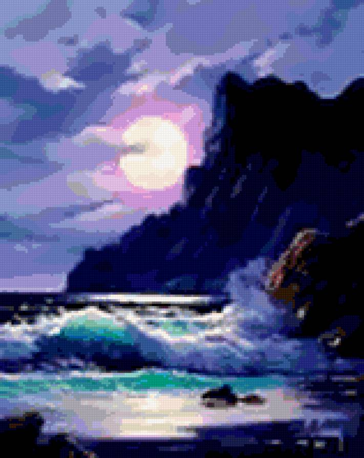 Утес над ночным морем - прибой, волны, ночь, гора, луна, море - предпросмотр