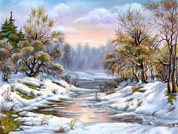 природа - река, пейзаж, лес, картина, зима, речка - оригинал