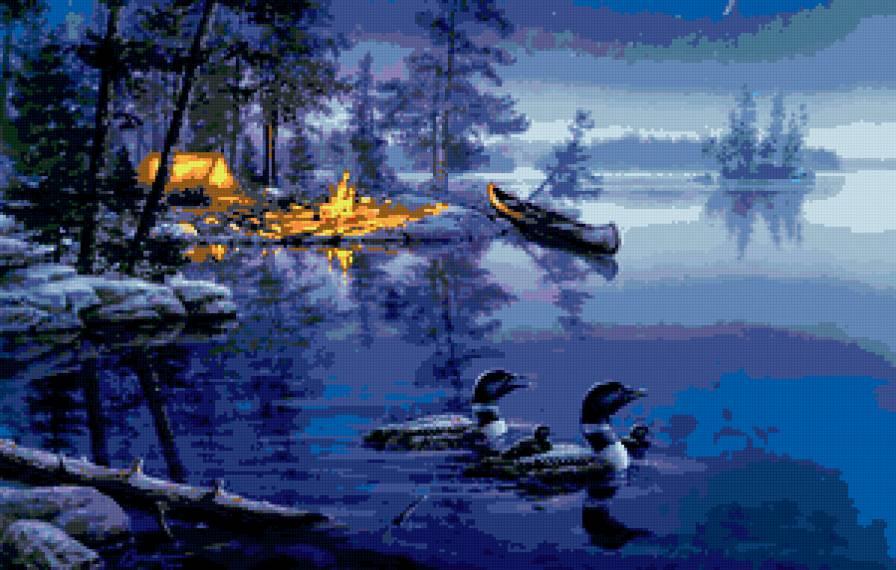 утки на реке - ночь, пейзаж, река, огонь, птицы, утки - предпросмотр