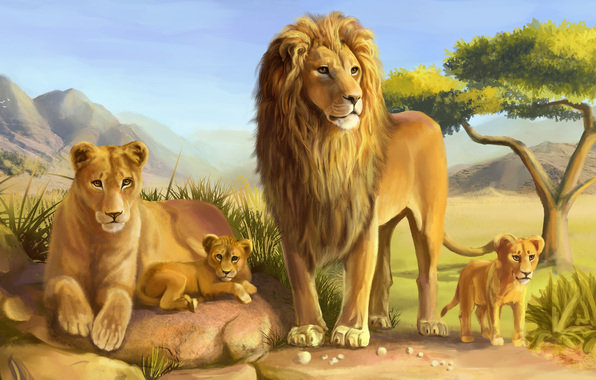семья львов - дерево, животные, гора, семья, львы - оригинал