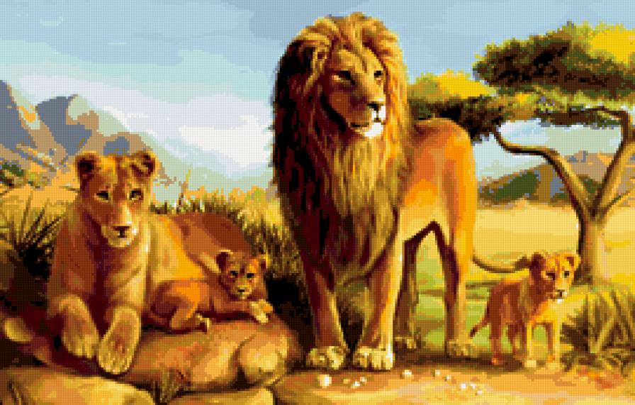 семья львов - гора, дерево, семья, львы, животные - предпросмотр