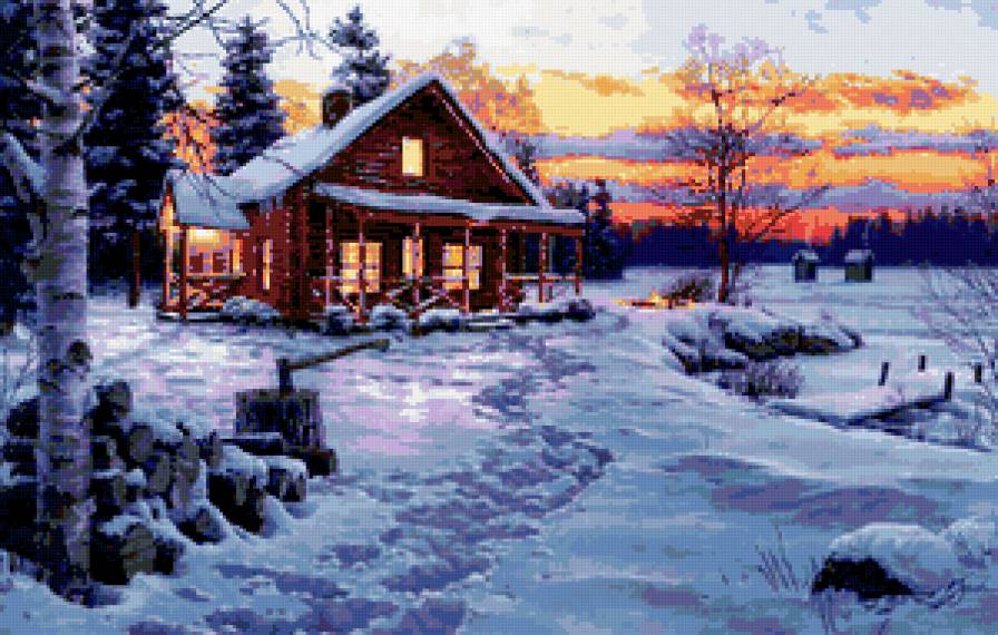 зимний домик - пейзаж, ночь, зима, закат, дом - предпросмотр