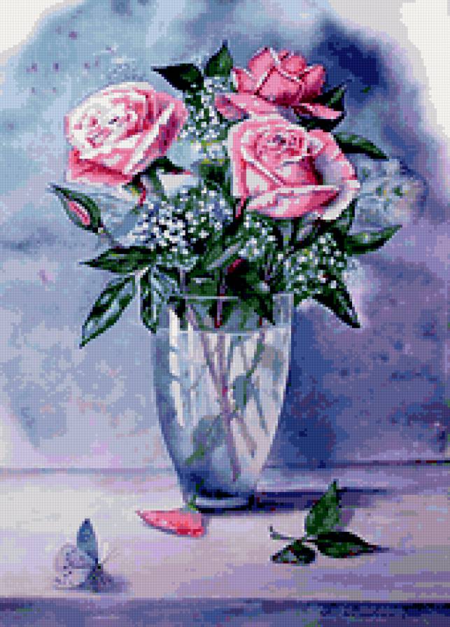 розы в вазе - бабочка, цветы, роза, букет, ваза - предпросмотр