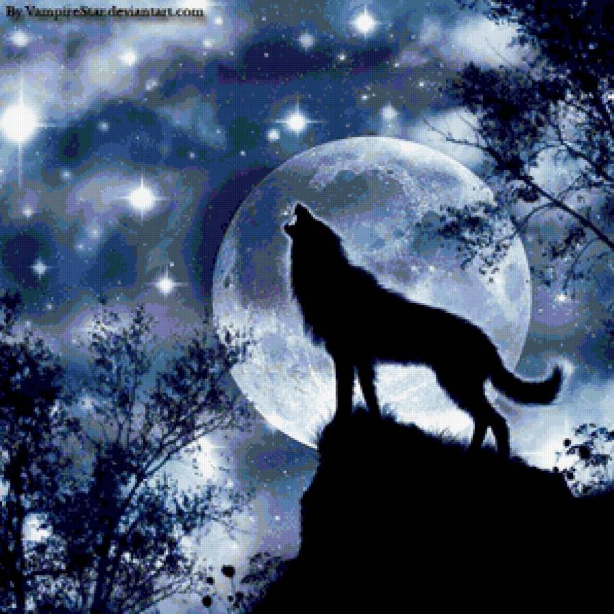 Волк - волк, природа, картина, луна, ночь - предпросмотр