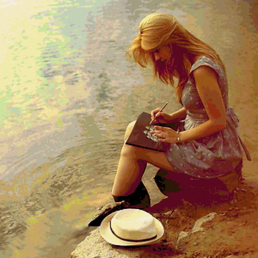 Девушка - рисунок, шляпа, море, девушка - предпросмотр