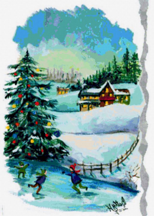 Зима - снег, картина, елка, пейзаж, природа, зима, домик - предпросмотр