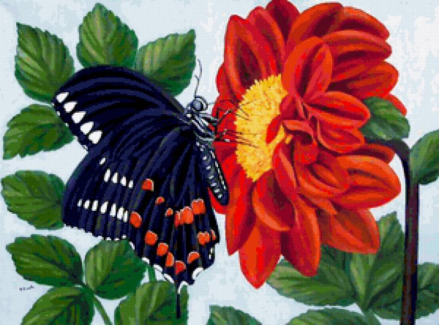 Бабочка и цветок - бабочка, картина, цветы - предпросмотр